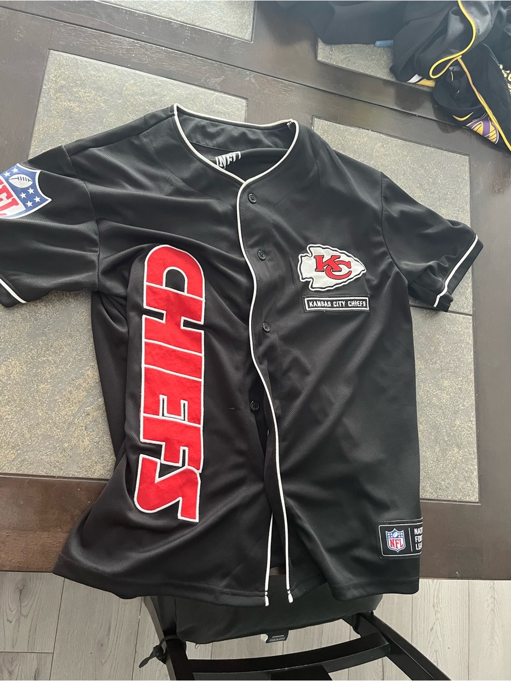 NFL Kansas City Chiefs Black Button-Down Fan Jersey with Red Accents